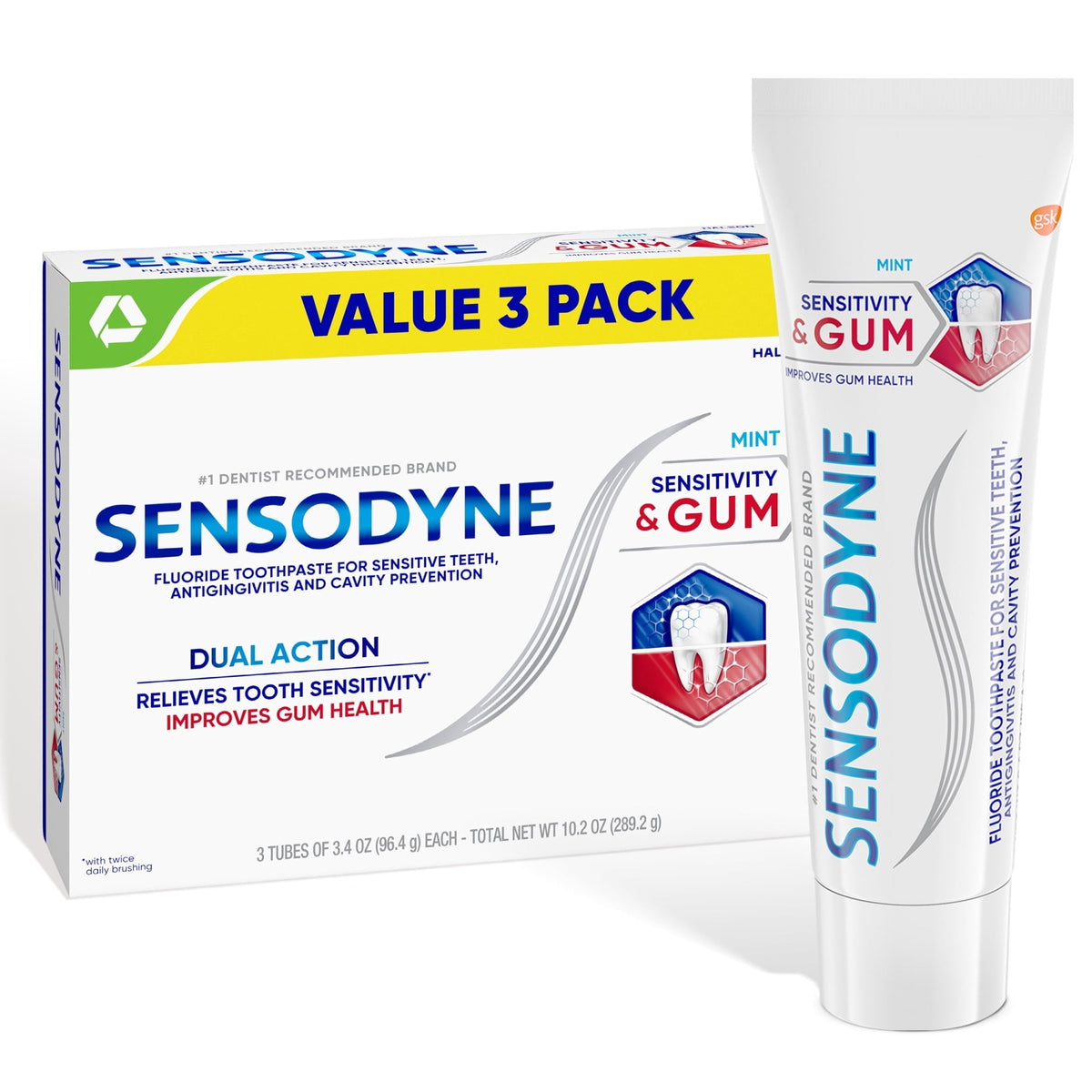 Sensodyne Sensitivity and Gum Sensitive Toothpaste, 3 x 3.4 Oz