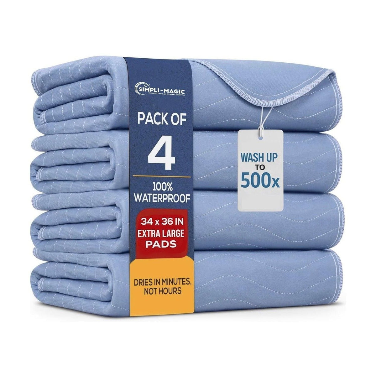 Simpli-Magic Reusable Absorbent Multi-Purpose Washable Underpads, Oil Spill Pads & Training Pads, Heavy-Duty Leakproof Protection, 34" x 36", 4 Pack