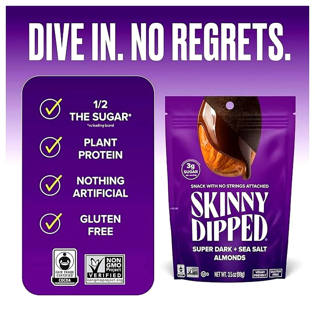 SKINNYDIPPED SuperDark + Sea Salt Chocolate Covered Almonds, 3.5 Ounce Resealable Bag, 1 Count Super Dark + Sea Salt 3.5 Ounce (Pack of 1)