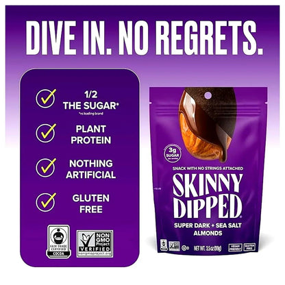 SKINNYDIPPED SuperDark + Sea Salt Chocolate Covered Almonds, 3.5 Ounce Resealable Bag, 1 Count Super Dark + Sea Salt 3.5 Ounce (Pack of 1)