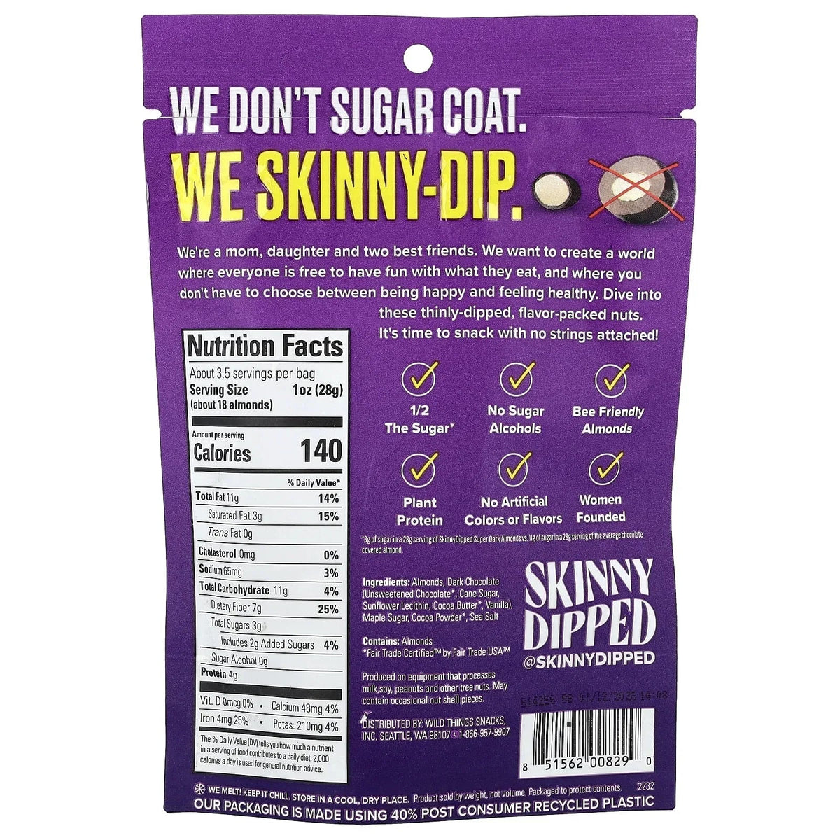 SKINNYDIPPED SuperDark + Sea Salt Chocolate Covered Almonds, 3.5 Ounce Resealable Bag, 1 Count Super Dark + Sea Salt 3.5 Ounce (Pack of 1)