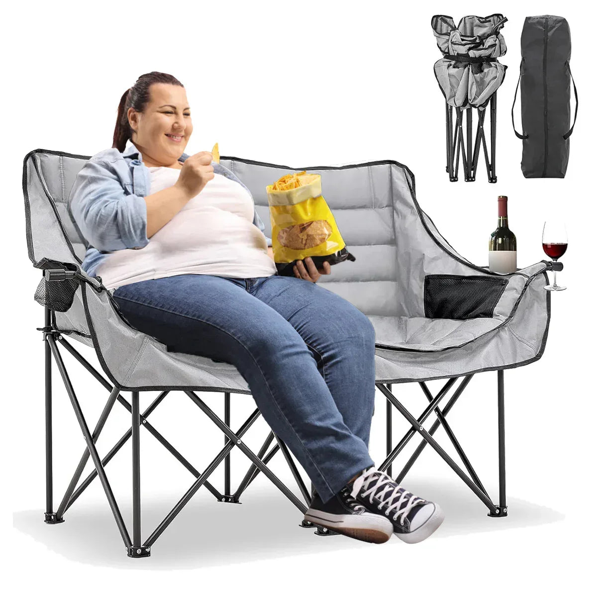 Slsy Double Camping Chair, Extra Padded Loveseat for 3 Prson Heavy Duty Folding Loveseat with Cup Holders for Camping, Fishing, or Hunting