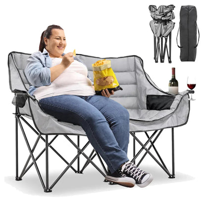 Slsy Double Camping Chair, Extra Padded Loveseat for 3 Prson Heavy Duty Folding Loveseat with Cup Holders for Camping, Fishing, or Hunting