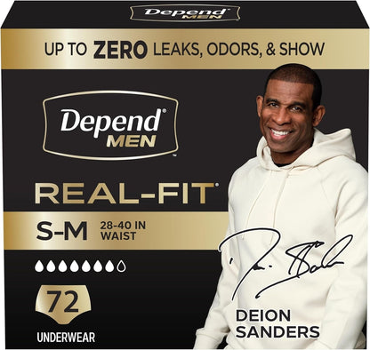 Depend Real Fit Adult Diapers, Incontinence Underwear for Men, Disposable, Maximum Absorbency, Small/Medium, Black, 56 Count (2 Packs of 28), Packaging May Vary