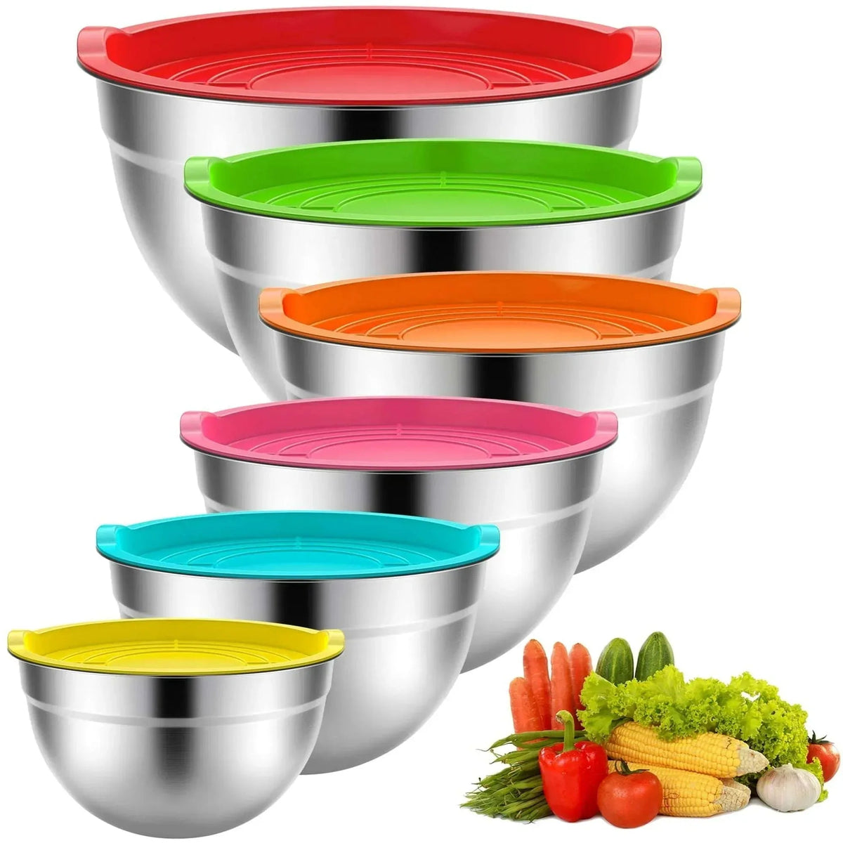 Stainless Steel Mixing Bowls Set, TINANA 6 Pack Mixing Bowls with Lids, Metal Nesting Storage Bowls for Kitchen, 4.5/3/2.5/2/1.5/0.75QT, Great for Prep, Baking, Serving, Khaki