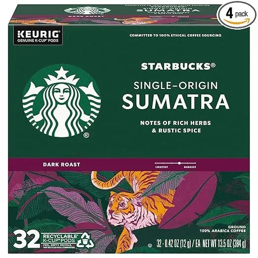 Starbucks Coffee K-Cup Pods, Sumatra Single-Origin Coffee, Dark Roast Ground Coffee, Keurig Genuine K-Cup Pods, 32 Count (Pack of 4)