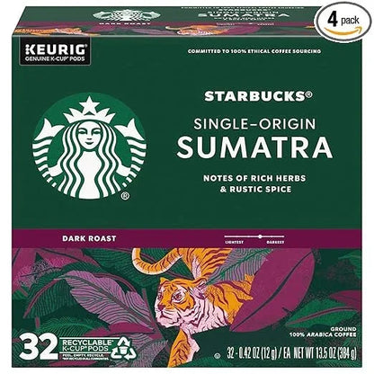 Starbucks Coffee K-Cup Pods, Sumatra Single-Origin Coffee, Dark Roast Ground Coffee, Keurig Genuine K-Cup Pods, 32 Count (Pack of 4)