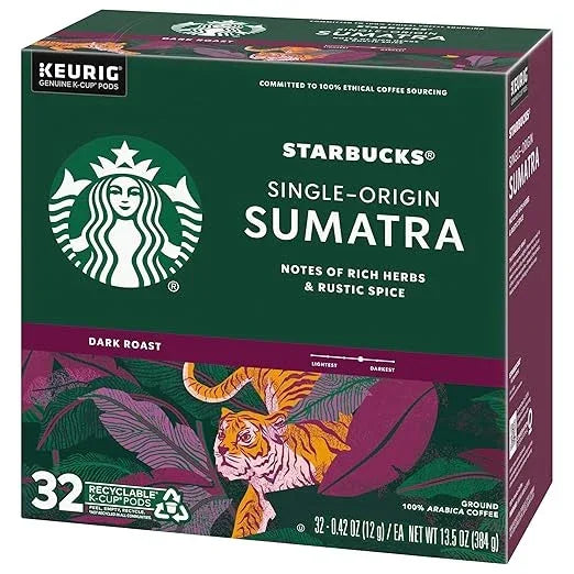 Starbucks Coffee K-Cup Pods, Sumatra Single-Origin Coffee, Dark Roast Ground Coffee, Keurig Genuine K-Cup Pods, 32 Count (Pack of 4)
