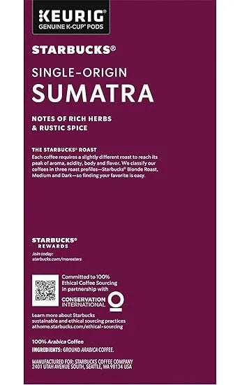 Starbucks Coffee K-Cup Pods, Sumatra Single-Origin Coffee, Dark Roast Ground Coffee, Keurig Genuine K-Cup Pods, 32 Count (Pack of 4)