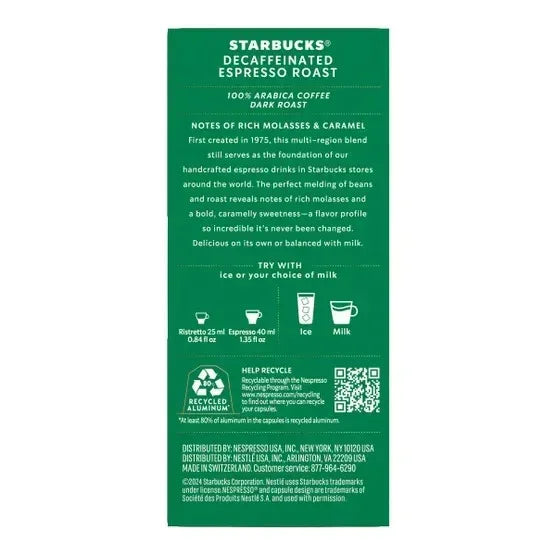 Starbucks by Nespresso Decaf Espresso Roast Capsules, 60 Count