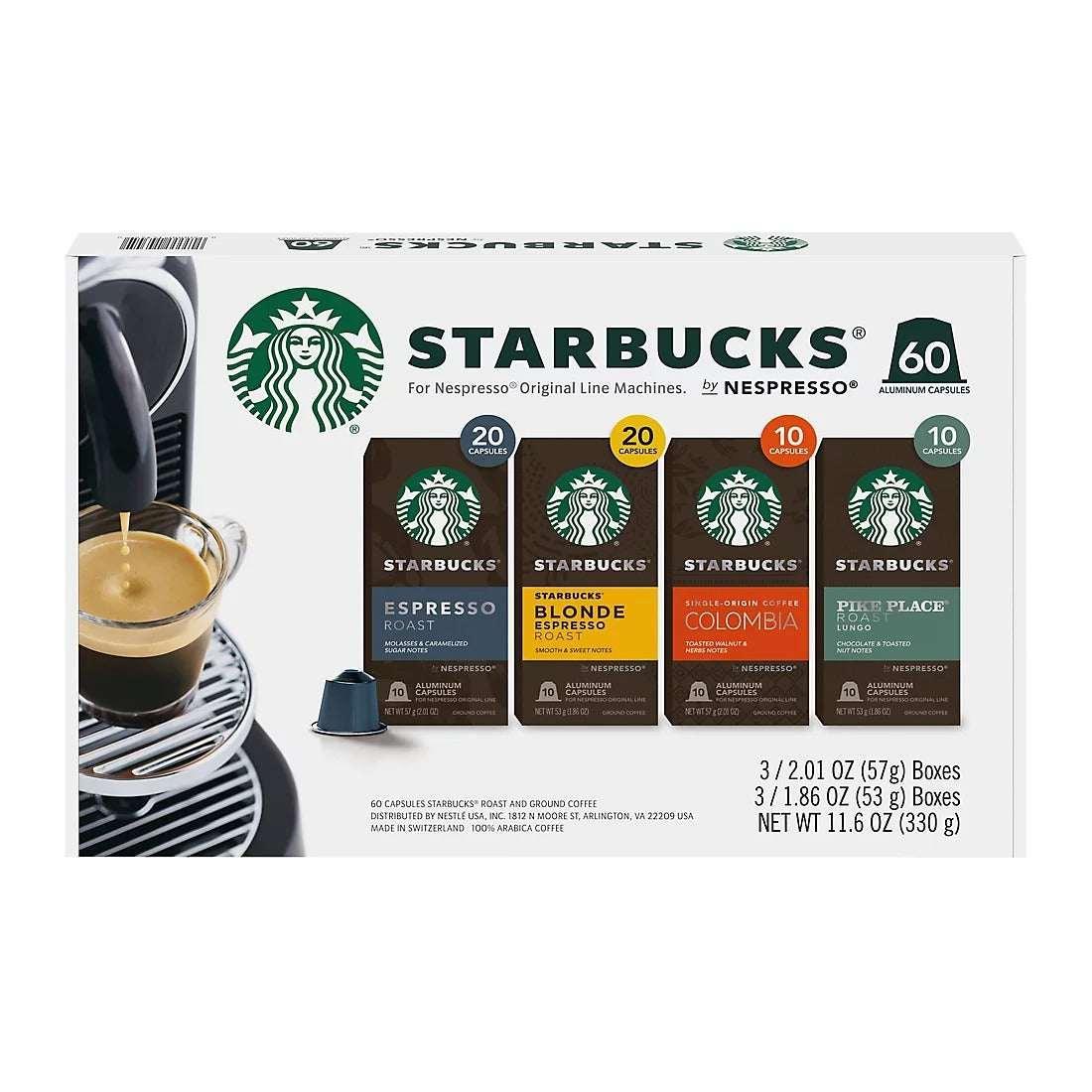 Starbucks by Nespresso Original Line Coffee Capsules Variety Pack Pods, 60 ct.