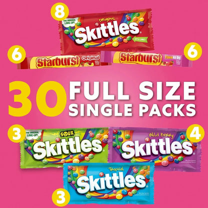 Starburst & Skittles Chewy Candy, Variety Box, Full Size, 30 pk.