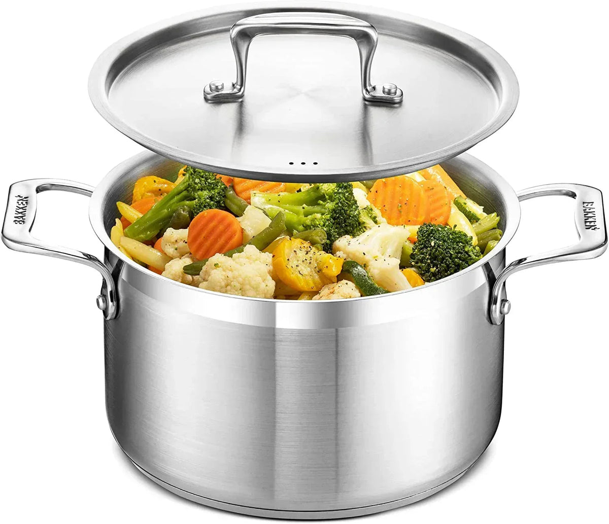 Stockpot – 2 Quart  to 24 Quart – Brushed Stainless Steel – Heavy Duty Induction Pot with Lid and Riveted Handles – For Soup, Seafood, Stock, Canning and for Catering for Large Groups and Events by BAKKEN
