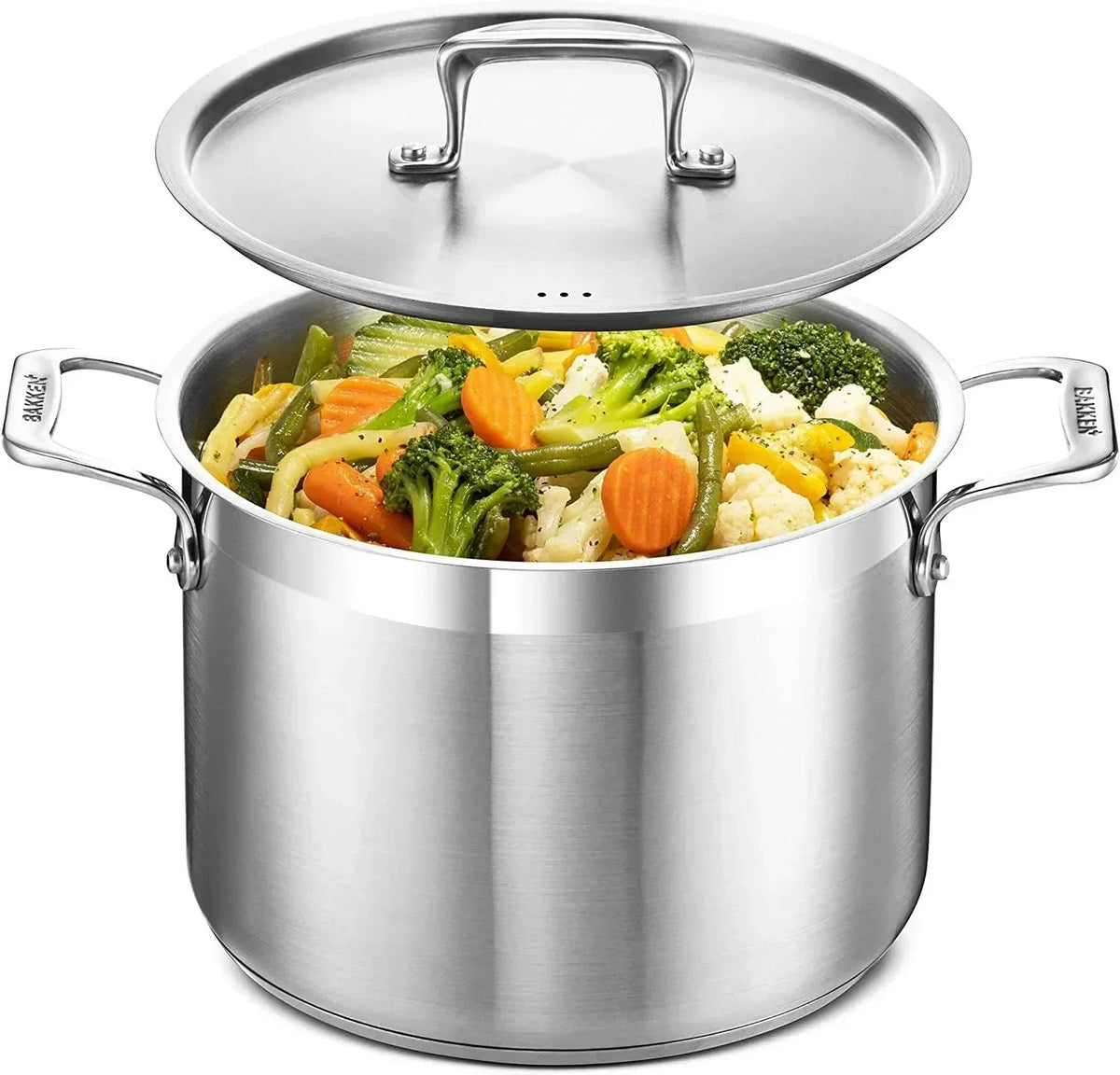 Stockpot – 2 Quart  to 24 Quart – Brushed Stainless Steel – Heavy Duty Induction Pot with Lid and Riveted Handles – For Soup, Seafood, Stock, Canning and for Catering for Large Groups and Events by BAKKEN