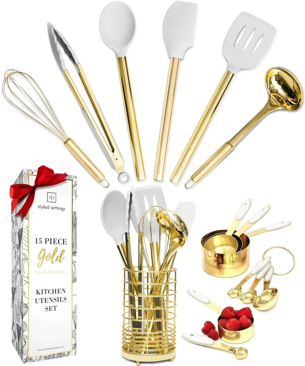 Styled Settings White and Gold Kitchen Utensils Set - 15-Piece Non-Scratch, White and Gold Utensils Set Includes White Silicone Cooking Utensils and White and Gold Measuring Cups and Spoons
