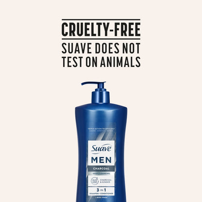 Suave Men Deep Cleansing 3-in-1 Shampoo, Conditioner & Body Wash with Charcoal, 28 FL OZ (PACK OF 6 )