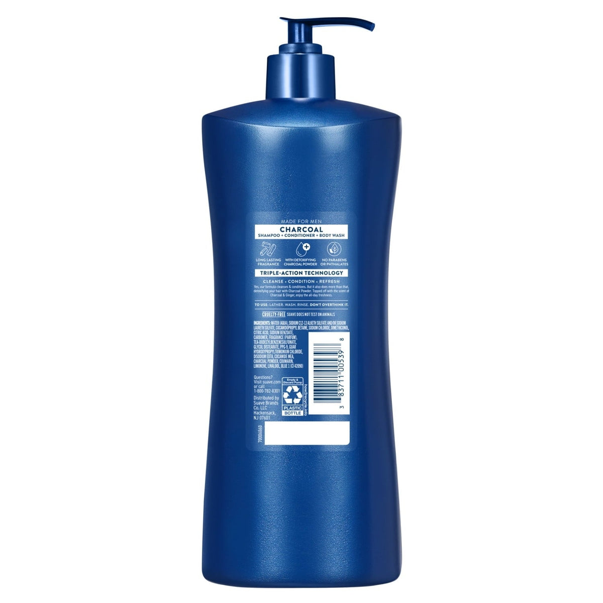Suave Men Deep Cleansing 3-in-1 Shampoo, Conditioner & Body Wash with Charcoal, 28 FL OZ (PACK OF 6 )