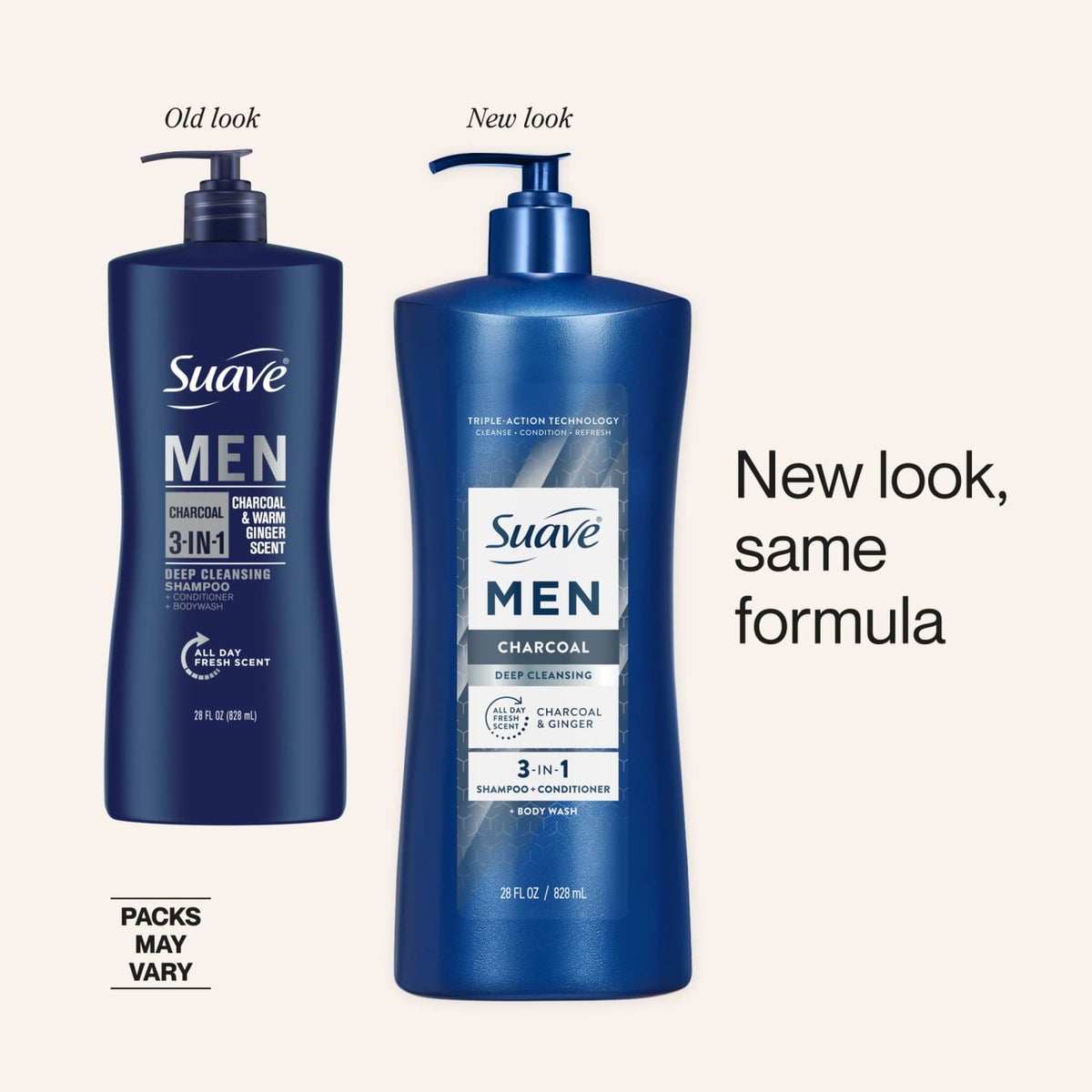 Suave Men Deep Cleansing 3-in-1 Shampoo, Conditioner & Body Wash with Charcoal, 28 FL OZ (PACK OF 6 )