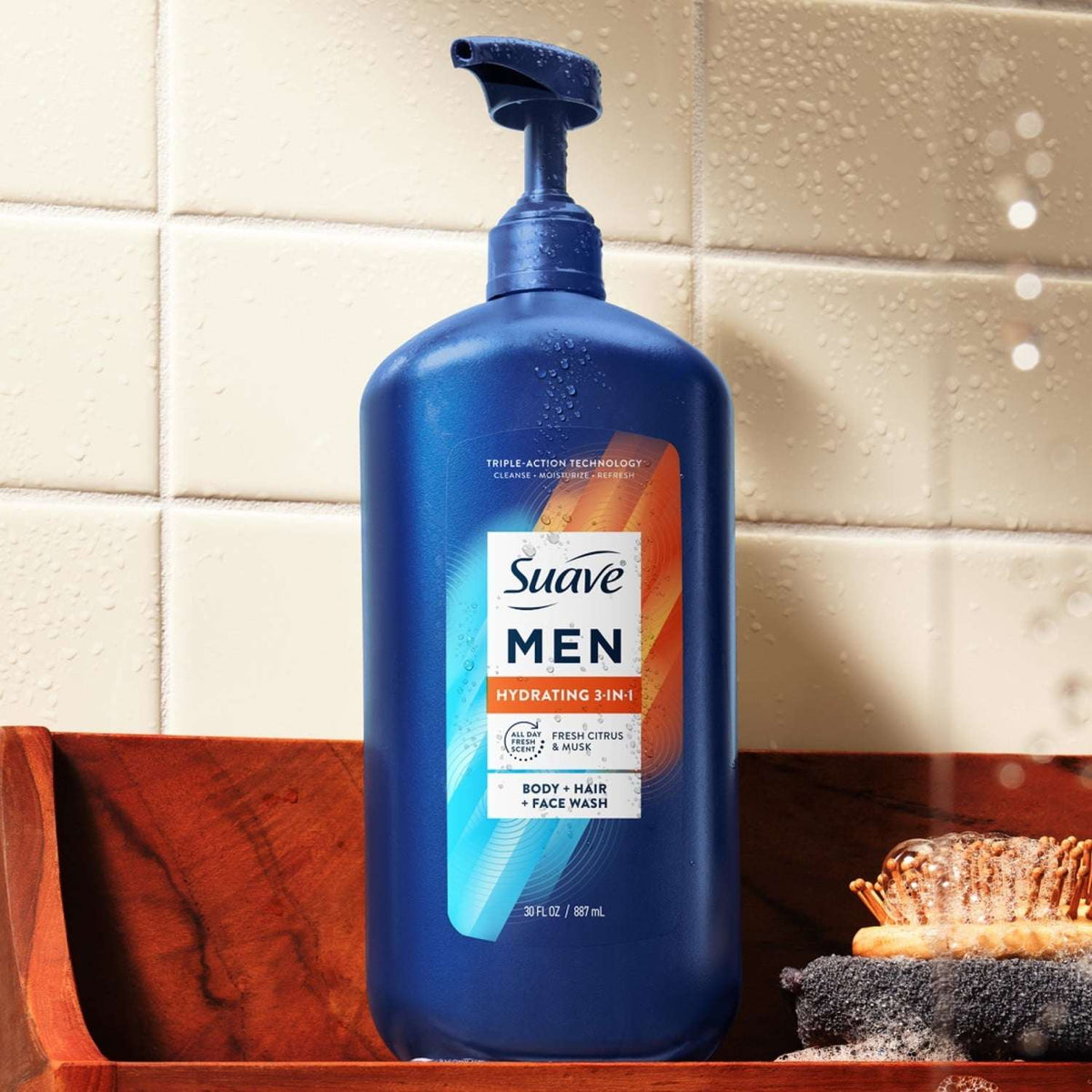 Suave Men Hydrating 3-in-1 Body + Hair + Face Wash with Glycerin & Vitamin E, 30 FL OZ