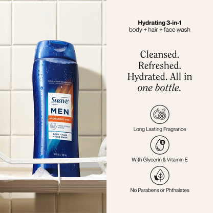 Suave Men Hydrating 3-in-1 Body + Hair + Face Wash with Glycerin & Vitamin E, 30 FL OZ