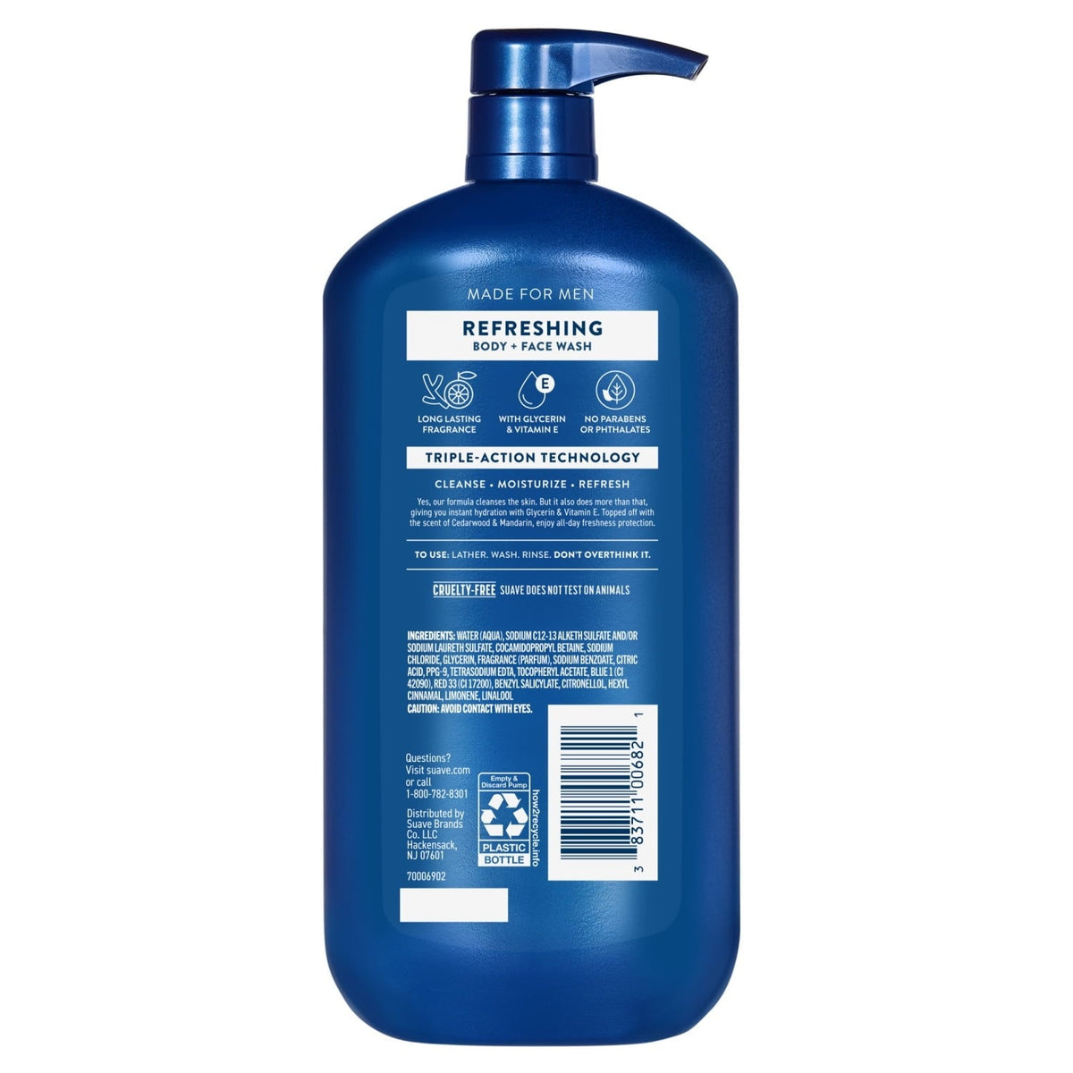 Suave Men Refreshing 2-in-1 Body & Face Wash with Glycerin & Vitamin E, 30 FL OZ