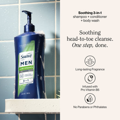 Suave Men Soothing 3-in-1 Shampoo, Conditioner & Body Wash, Aloe & Vitamin B, 28 FL OZ (PACK OF 3 )