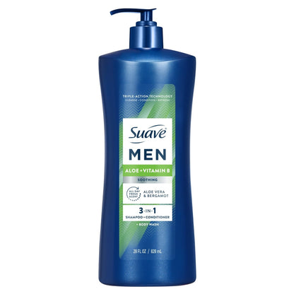 Suave Men Soothing 3-in-1 Shampoo, Conditioner & Body Wash, Aloe & Vitamin B, 28 FL OZ (PACK OF 3 )