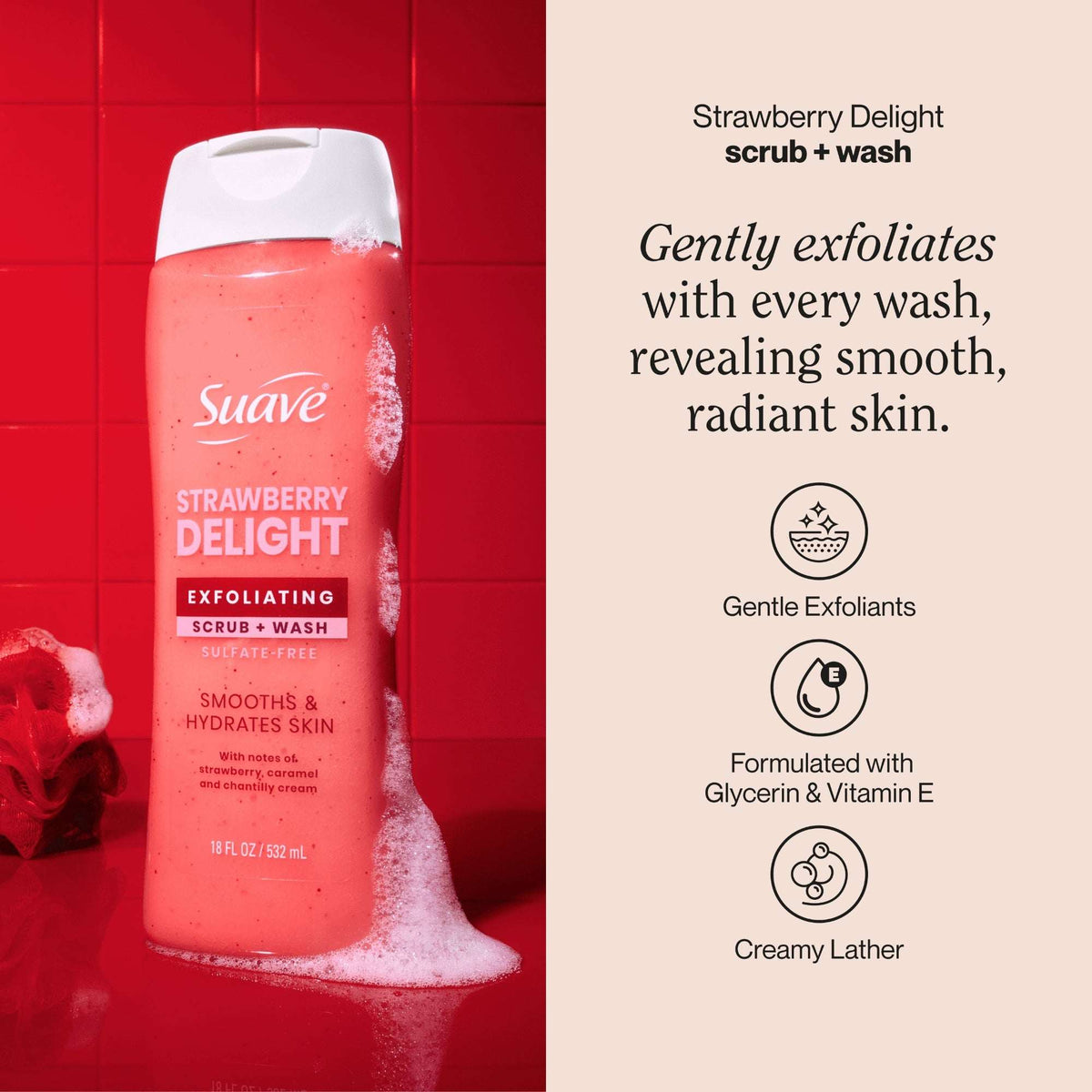 Suave Strawberry Delight Exfoliating Body Wash & Scrub with Glycerin & Vitamin E, Sulfate-Free Hydrating Cleanser for Soft, Smooth Skin, 18 fl oz (pack 4 )