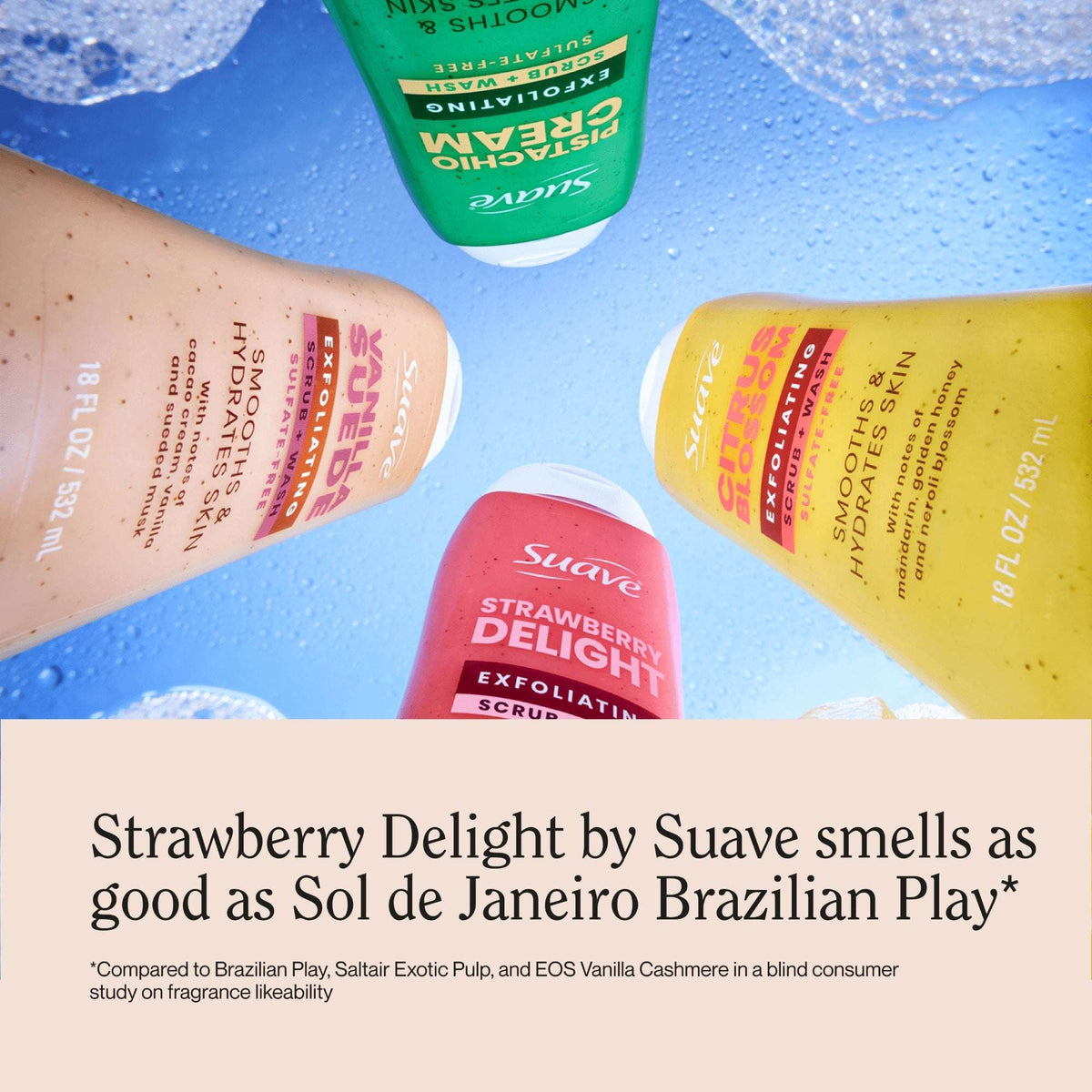 Suave Strawberry Delight Exfoliating Body Wash & Scrub with Glycerin & Vitamin E, Sulfate-Free Hydrating Cleanser for Soft, Smooth Skin, 18 fl oz (pack 4 )