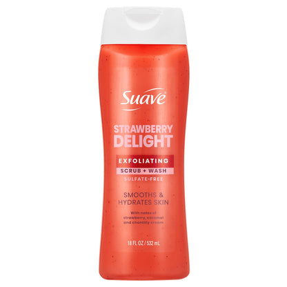 Suave Strawberry Delight Exfoliating Body Wash & Scrub with Glycerin & Vitamin E, Sulfate-Free Hydrating Cleanser for Soft, Smooth Skin, 18 fl oz (pack 4 )