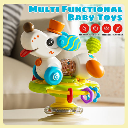 Sytle-Carry Baby Toy, 2-in-1 Suction Cup High Chair Toy, Rattle and Teething Toys for Baby Infant 6 12 Months, Puppy