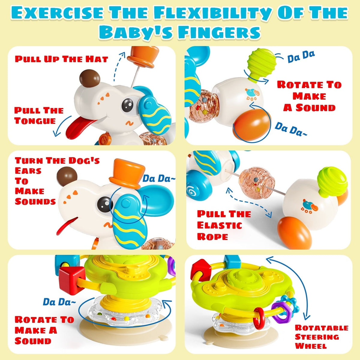 Sytle-Carry Baby Toy, 2-in-1 Suction Cup High Chair Toy, Rattle and Teething Toys for Baby Infant 6 12 Months, Puppy