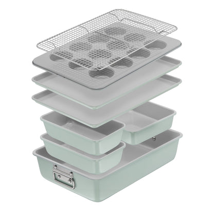 T-fal Stackable Ceramic Bakeware, 5 Piece Nonstick Bakeware Set, Mint Green, Oven Safe 450°F