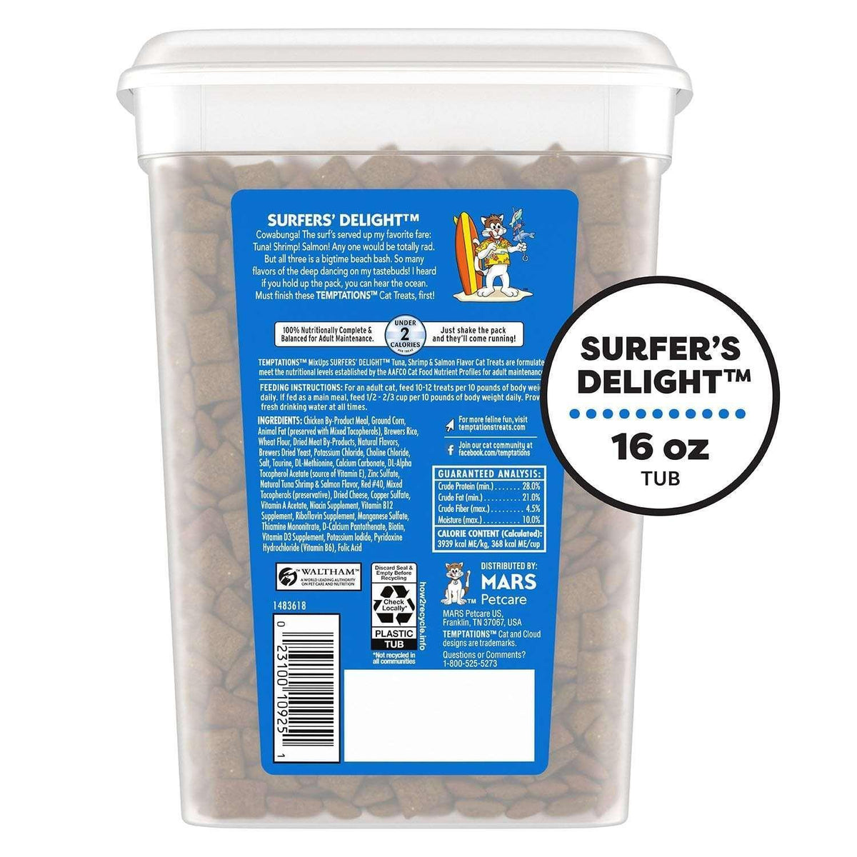 TEMPTATIONS Cat Treats Variety Pack with Tasty Chicken Flavor, Catnip Fever, & Surfers' Delight, 16 oz., 3 tubs