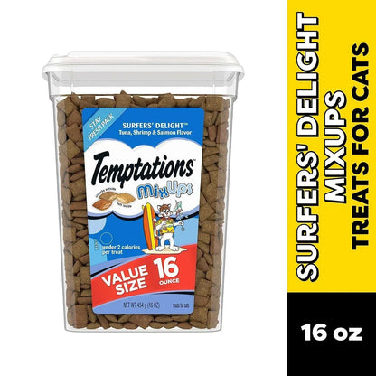 TEMPTATIONS Cat Treats Variety Pack with Tasty Chicken Flavor, Catnip Fever, & Surfers' Delight, 16 oz., 3 tubs