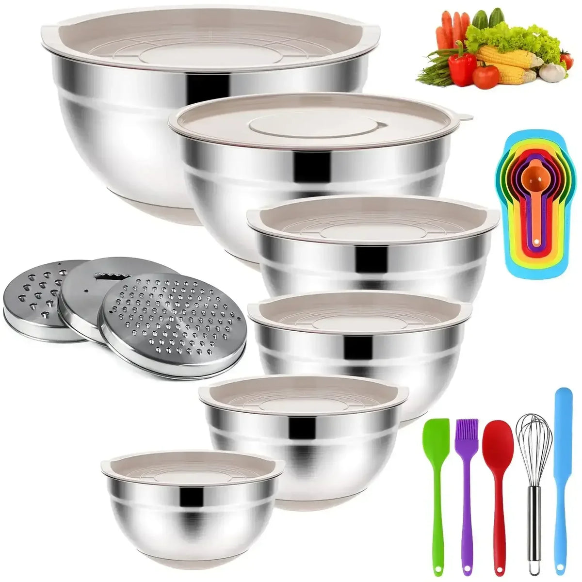 TINANA 26PCS Stainless Steel Mixing Bowls with Lids Set, Nesting Mixing Bowl Set with Non-Slip Bottom Graters Tools Gadgets, 7/4/3.5/2.5/2/1.5QT Metal Salad Bowls for Serving Prepping Baking