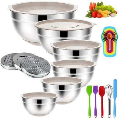 TINANA 26PCS Stainless Steel Mixing Bowls with Lids Set, Nesting Mixing Bowl Set with Non-Slip Bottom Graters Tools Gadgets, 7/4/3.5/2.5/2/1.5QT Metal Salad Bowls for Serving Prepping Baking