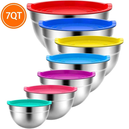 TINANA Mixing Bowls with Lids: Stainless Steel Mixing Bowls Set, Metal Nesting Mixing Bowls for Kitchen, 7/4.5/3.0/2.0/1.5/1.0/0.7QT, Great for Prep, Baking, Serving