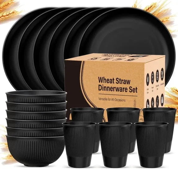 TINANA Wheat Straw Dinnerware Sets, Service for 6, 18 PCS Unbreakable Plastic Dinnerware, Freezer Dishwasher Safe - Beige