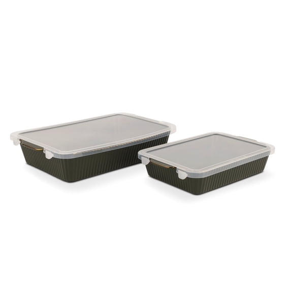 Thyme & Table 4-Piece Stoneware Casserole Dish Bakeware Set, Includes Lids, 9"x13" , 7"x10" Bakers With Lids , White Ribbed