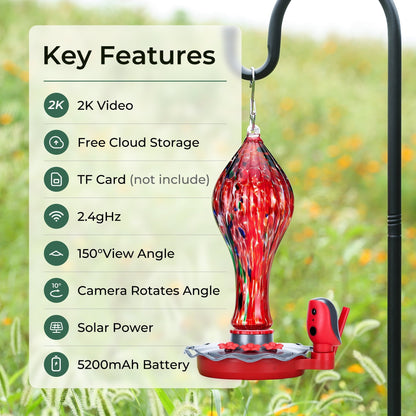 TT Nature Smart Glass Hummingbird Feeder with Camera, 2K HD Video Solar Powered , AI Bird Identification, Ant Moat & Water Monitor, Ideal Gift