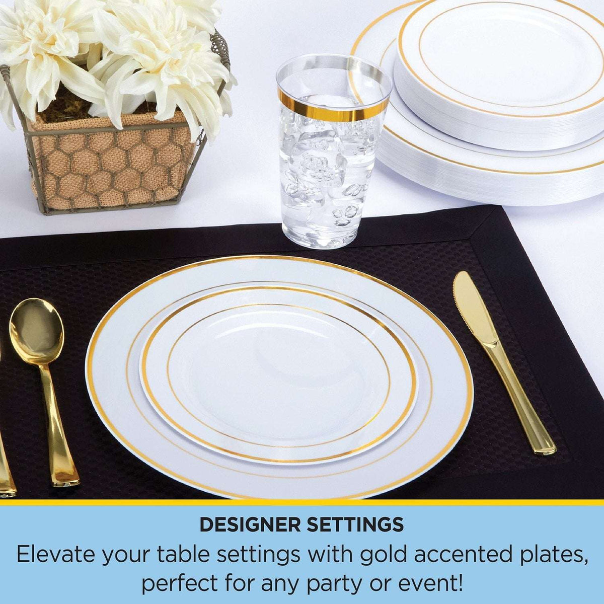 Tableluxe Premium Disposable Round White with Gold Trim Plastic Plates, 7" & 10", 48 ct.