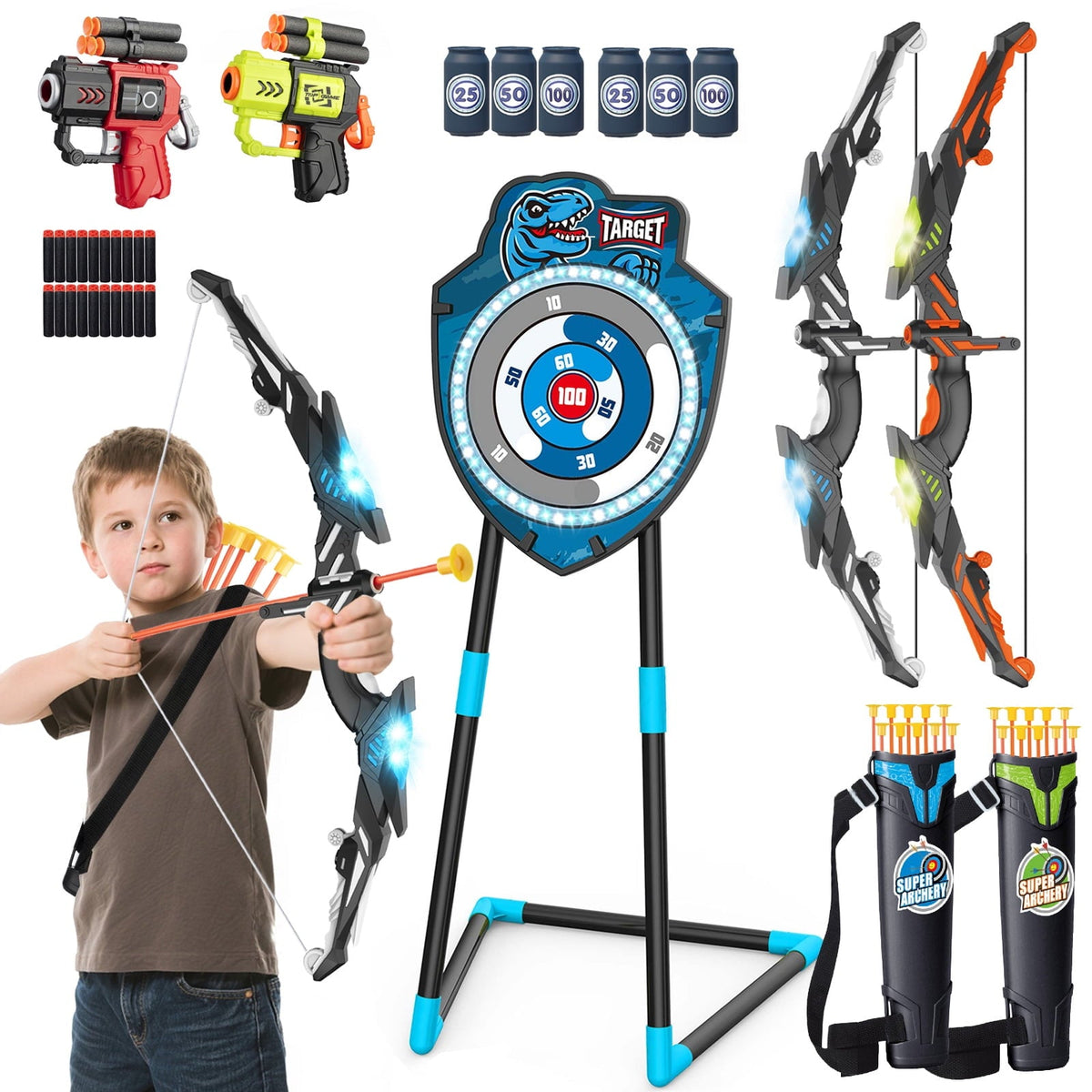 Kids LED Standing Archery Set with Bow & Arrows – Outdoor Sports Toy for Boys & Girls Ages 4-12, Safe & Fun Target Practice Game