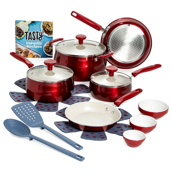 Tasty Clean Ceramic 16 Piece Non-Stick Aluminum Cookware Set, Sage Green