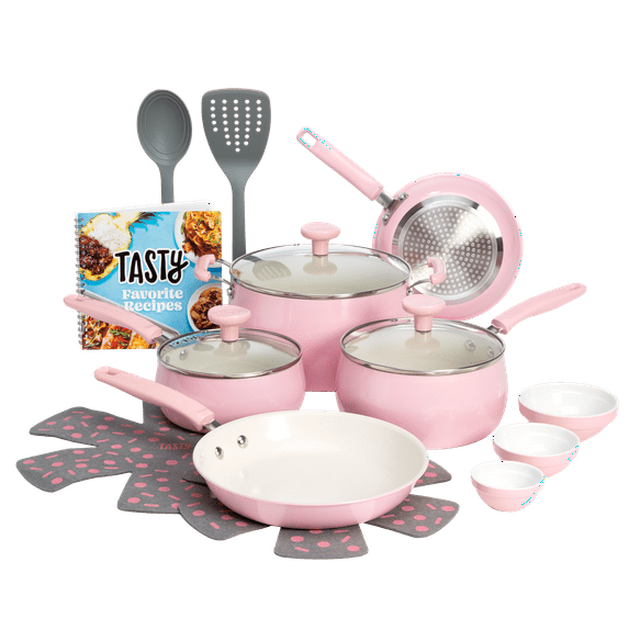 Tasty Clean Ceramic 16 Piece Non-Stick Aluminum Cookware Set, Sage Green