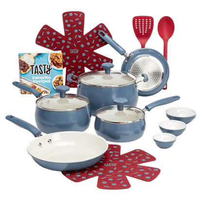 Tasty Clean Ceramic 16 Piece Non-Stick Aluminum Cookware Set, Sage Green