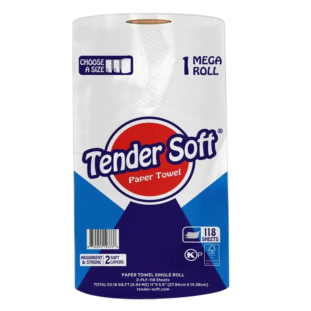 Tender Soft Paper Towel, 2-Ply, 118 Sheets, 12 Individually Wrapped Rolls