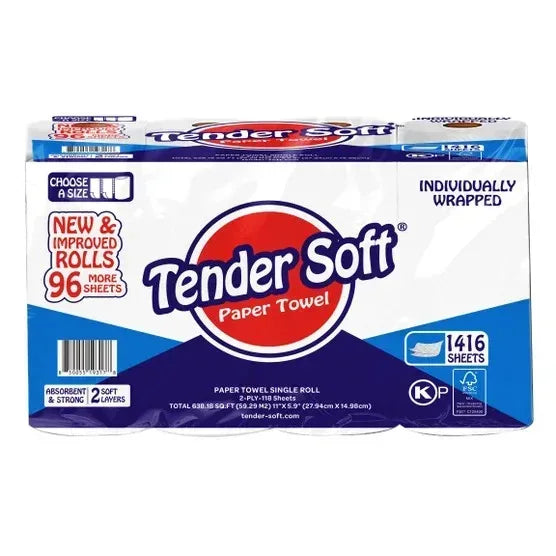 Tender Soft Paper Towel, 2-Ply, 118 Sheets, 12 Individually Wrapped Rolls