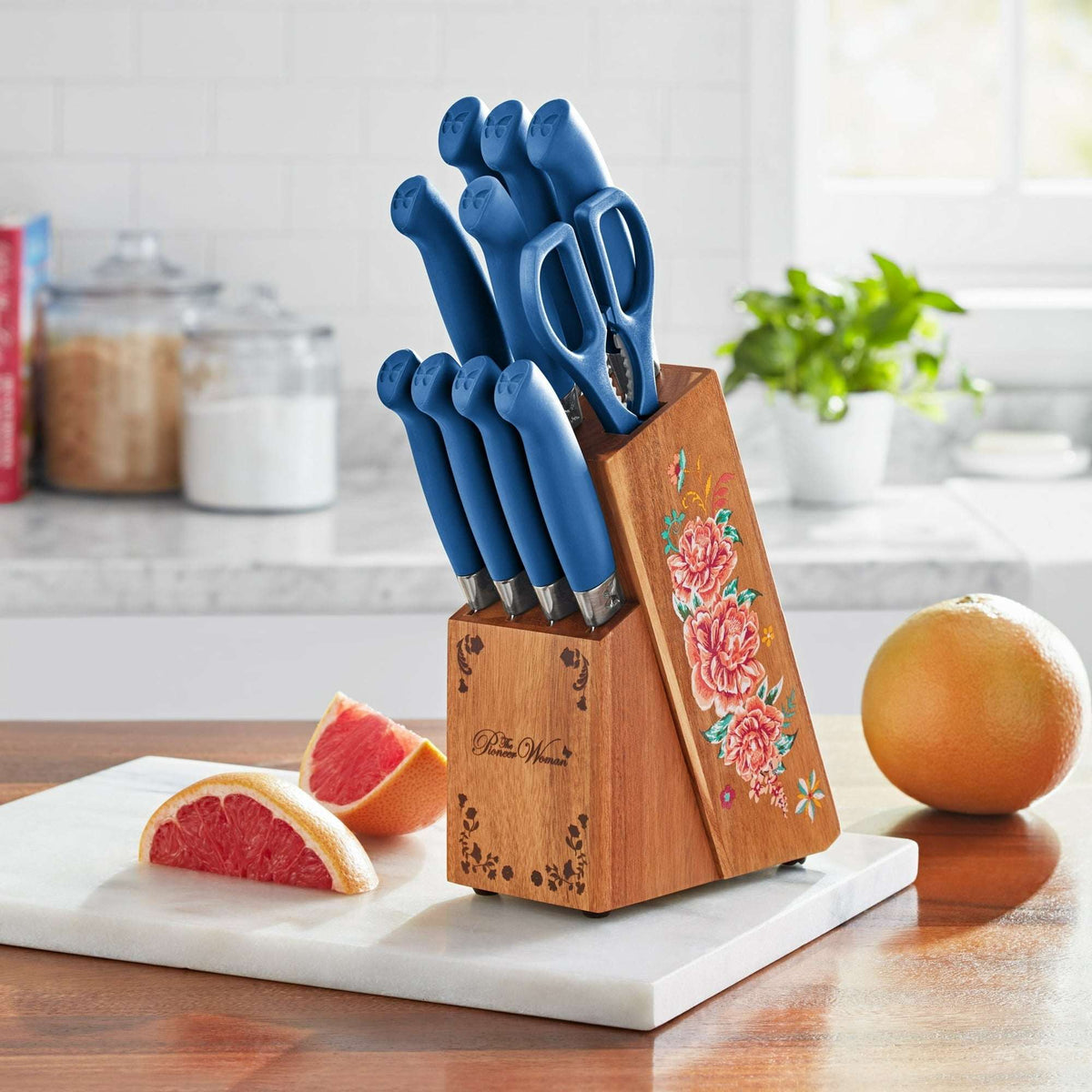 The Pioneer Woman Breezy Blossoms 11-Piece Stainless Steel Knife Block Set, Teal