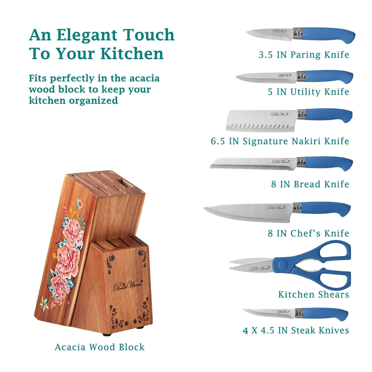 The Pioneer Woman Breezy Blossoms 11-Piece Stainless Steel Knife Block Set, Teal
